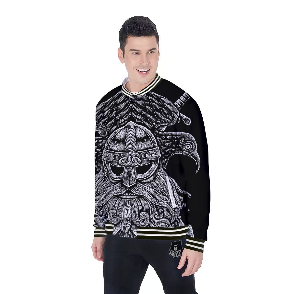 Odin With Crows White And Black Print Baseball Jacket-grizzshop