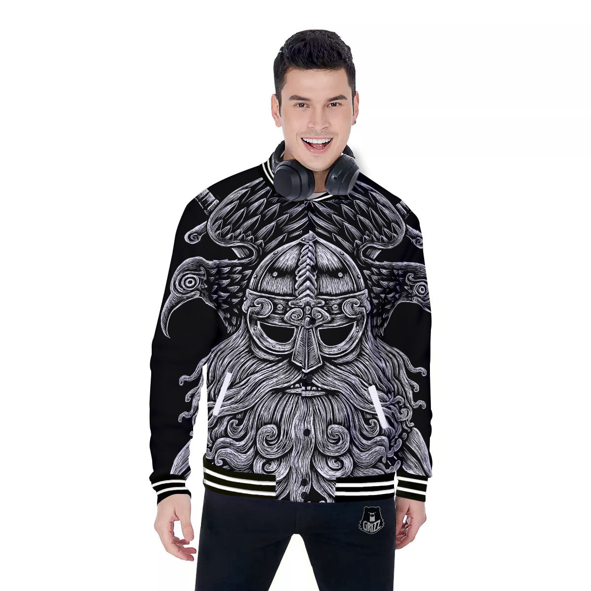 Odin With Crows White And Black Print Baseball Jacket-grizzshop