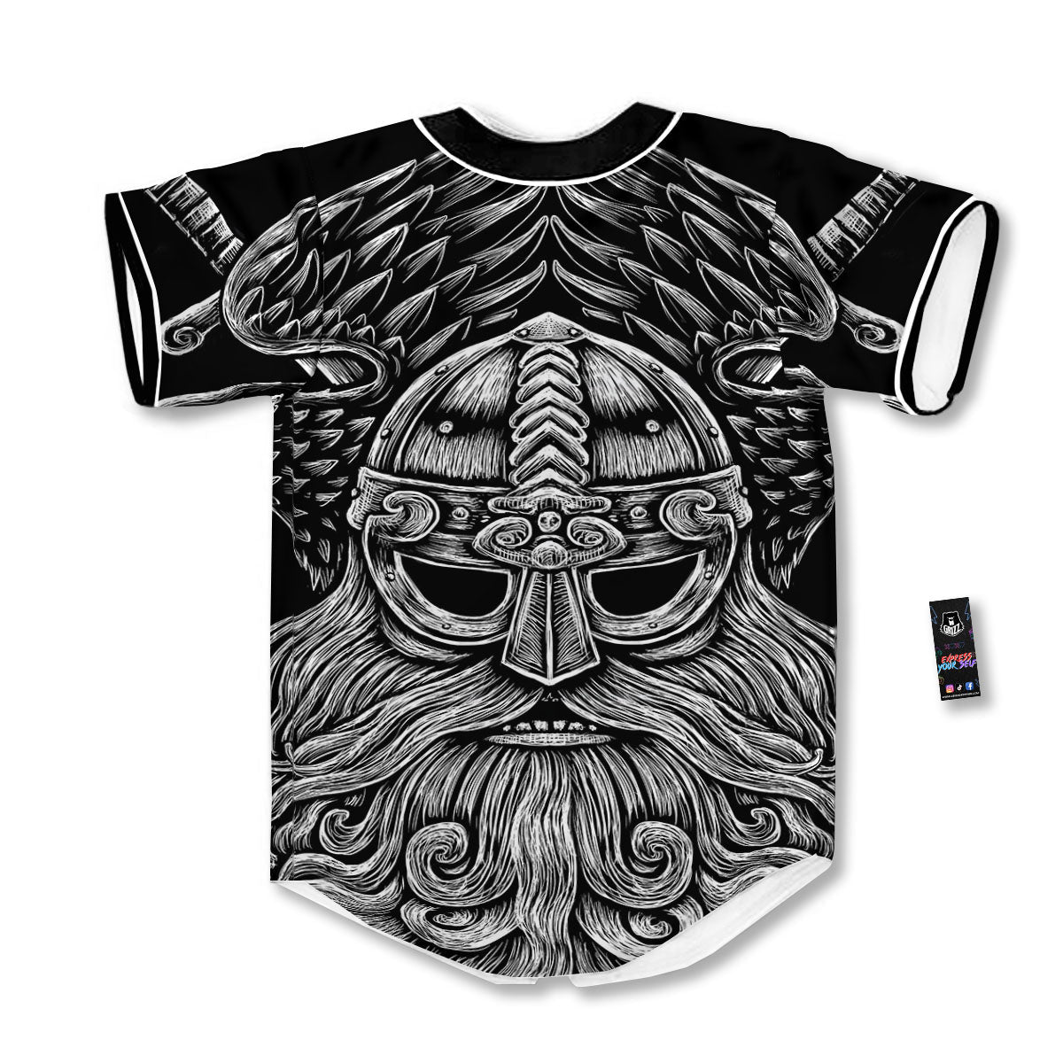 Odin With Crows White And Black Print Baseball Jersey-grizzshop