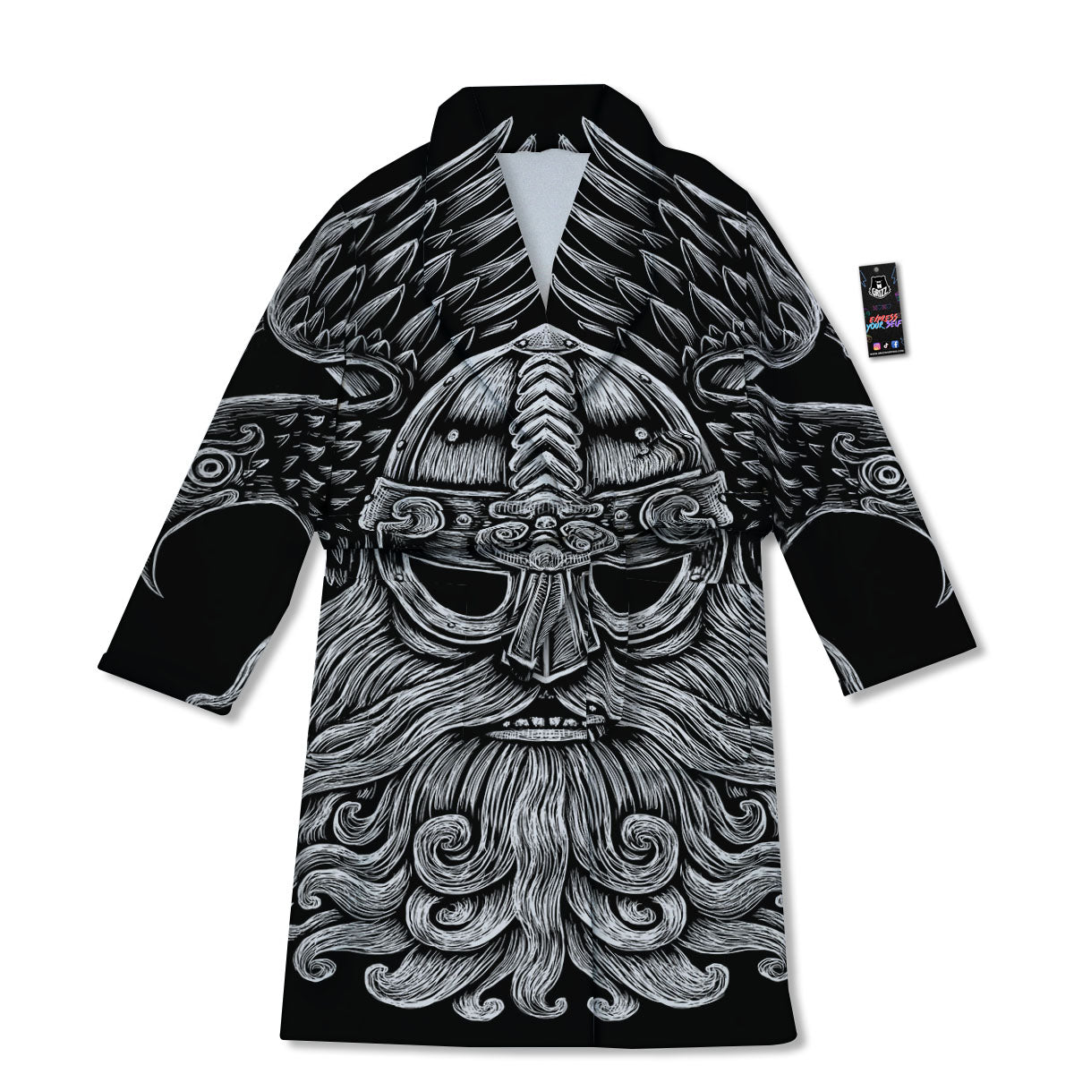 Odin With Crows White And Black Print Bathrobe-grizzshop