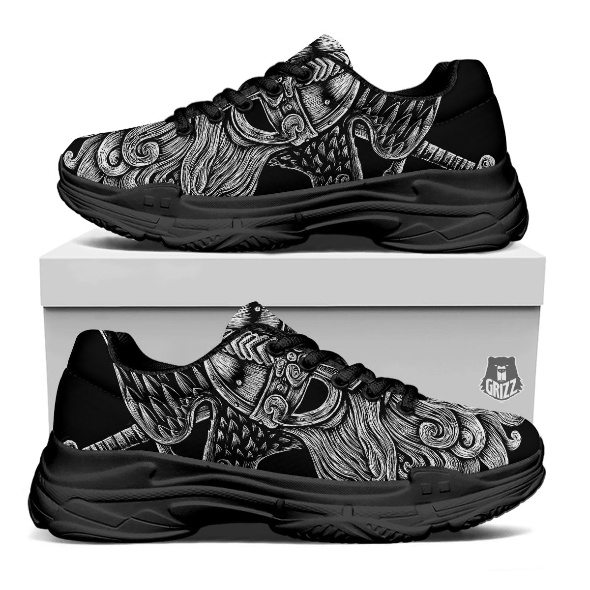 Odin With Crows White And Black Print Black Chunky Shoes-grizzshop