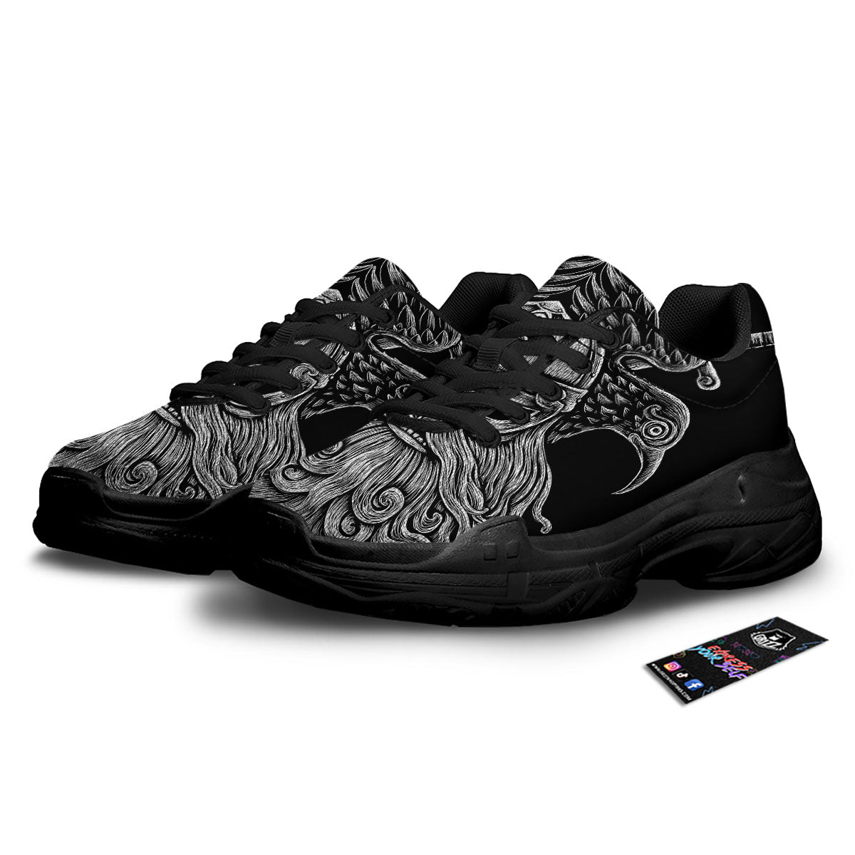Odin With Crows White And Black Print Black Chunky Shoes-grizzshop