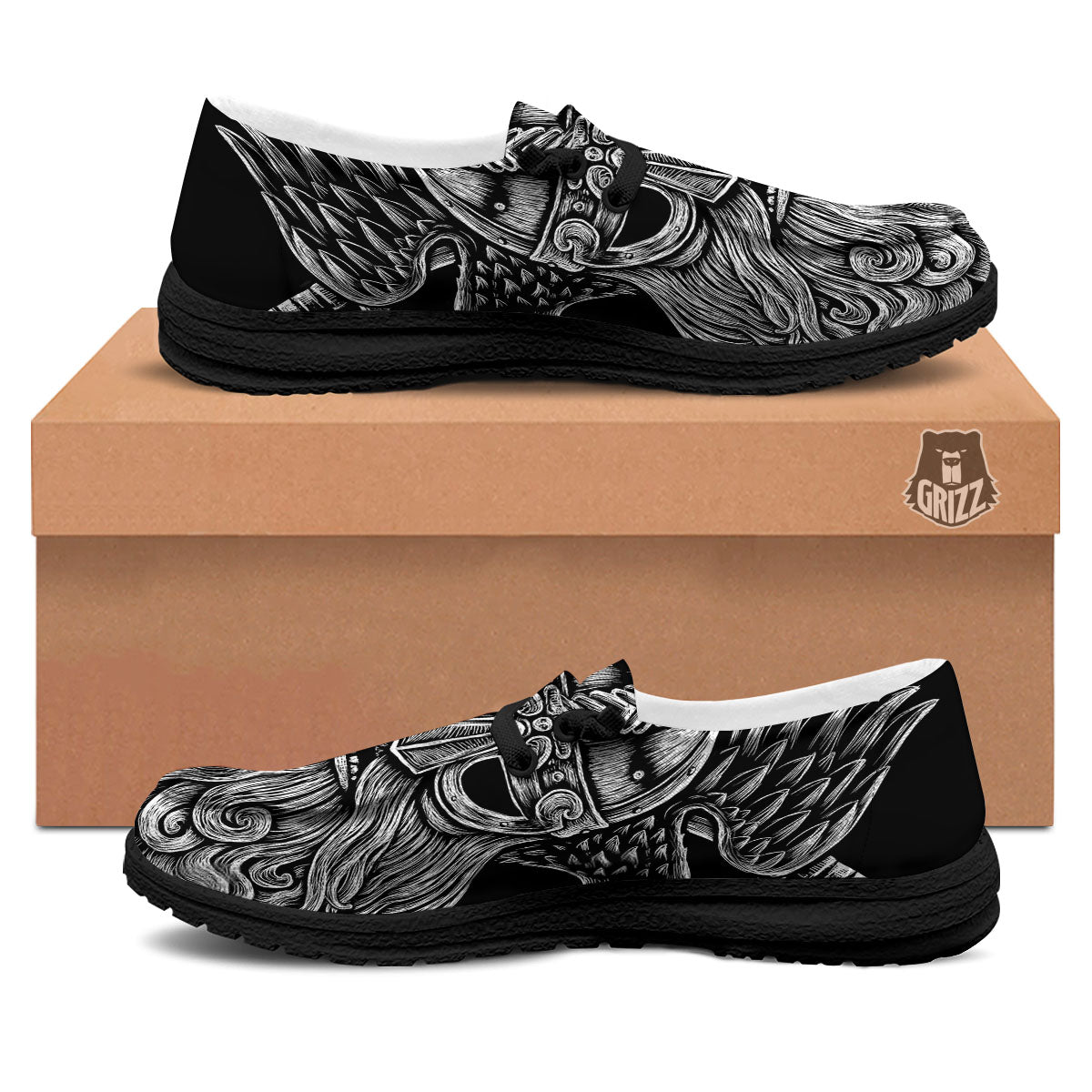Odin With Crows White And Black Print Black Loafers-grizzshop