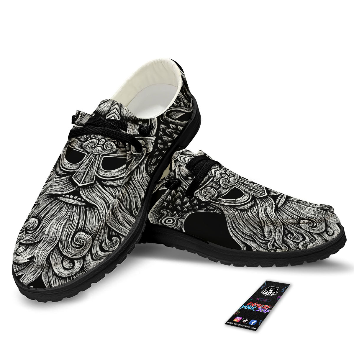 Odin With Crows White And Black Print Black Loafers-grizzshop