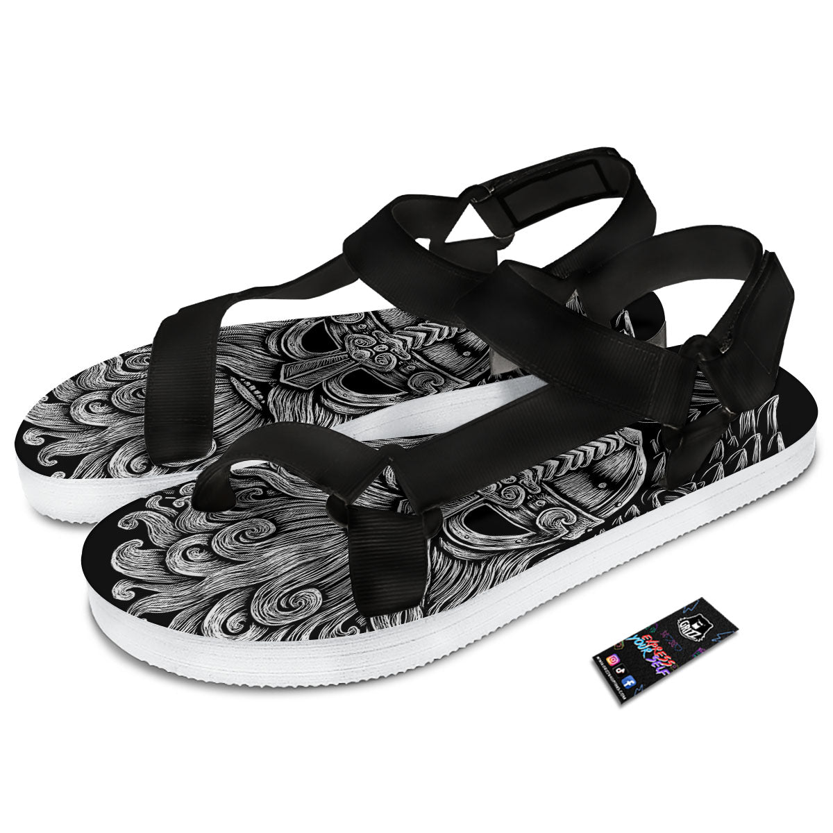 Odin With Crows White And Black Print Black Open Toe Sandals-grizzshop