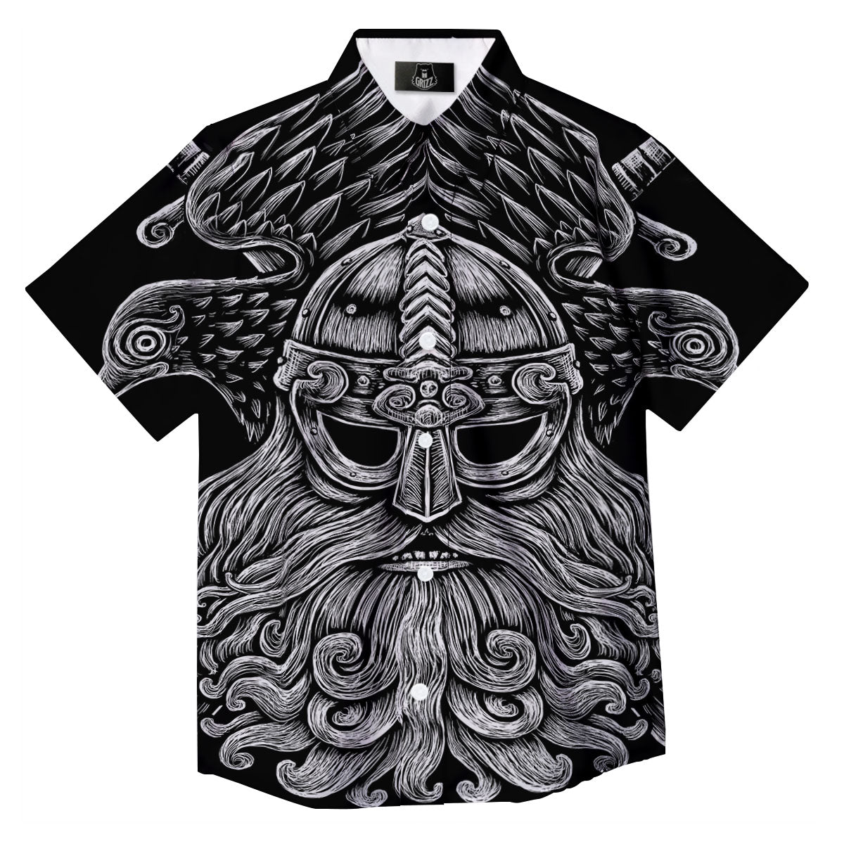 Odin With Crows White And Black Print Button Up Shirt-grizzshop