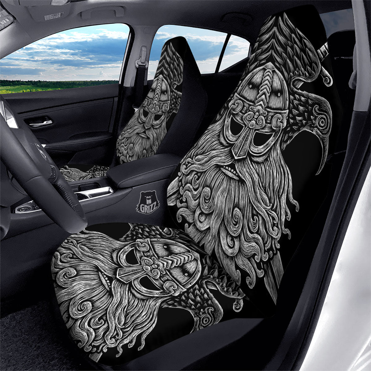 Odin With Crows White And Black Print Car Seat Covers-grizzshop