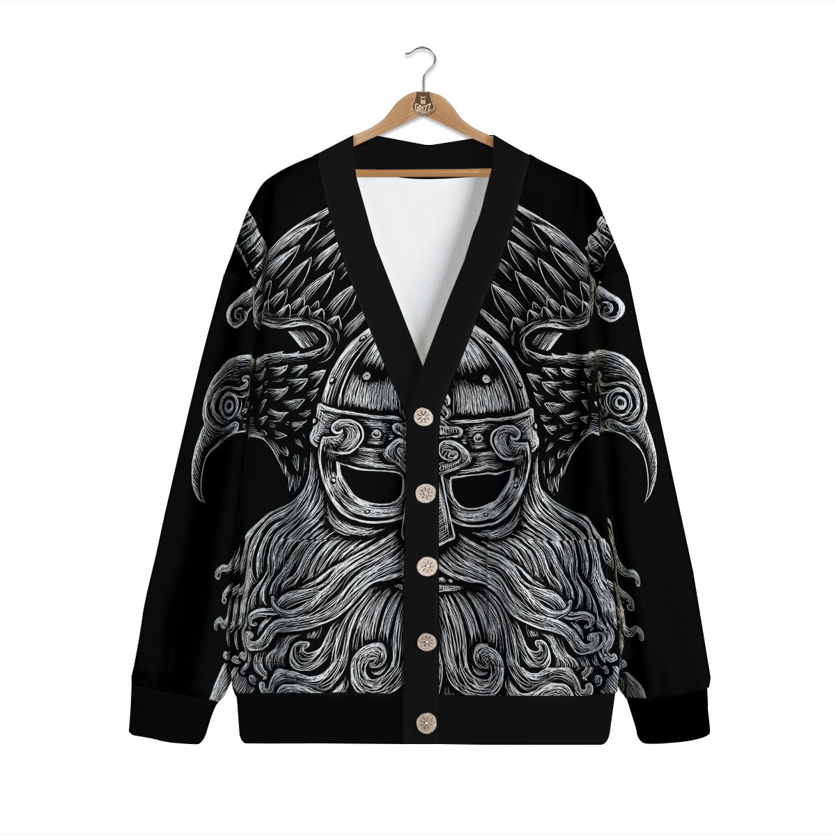 Odin With Crows White And Black Print Cardigan-grizzshop