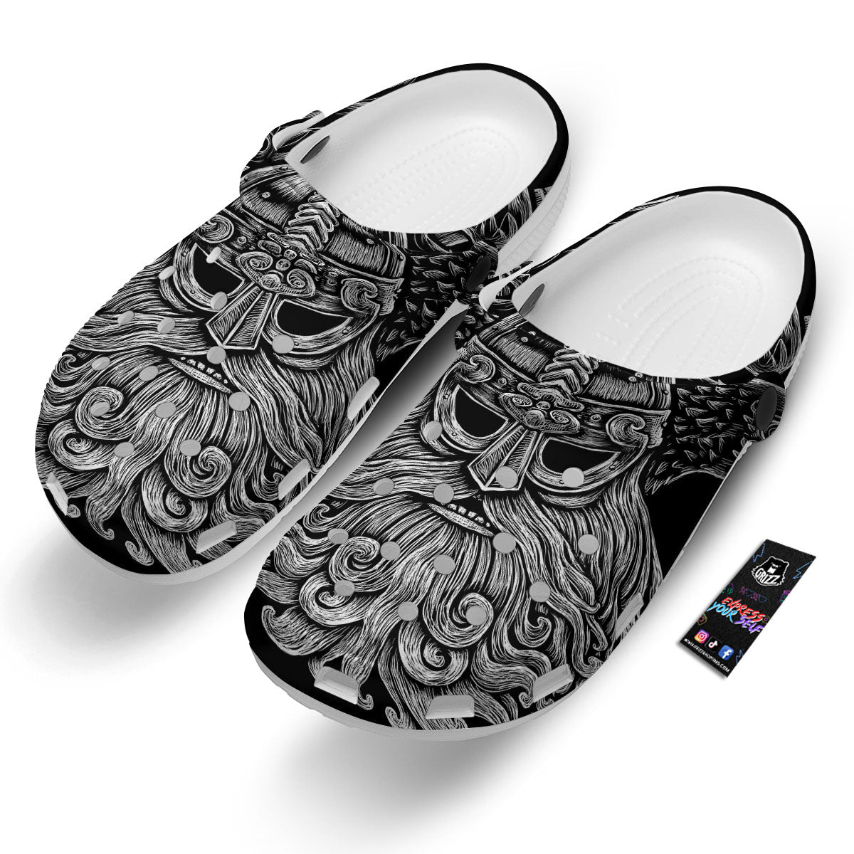 Odin With Crows White And Black Print Clog-grizzshop
