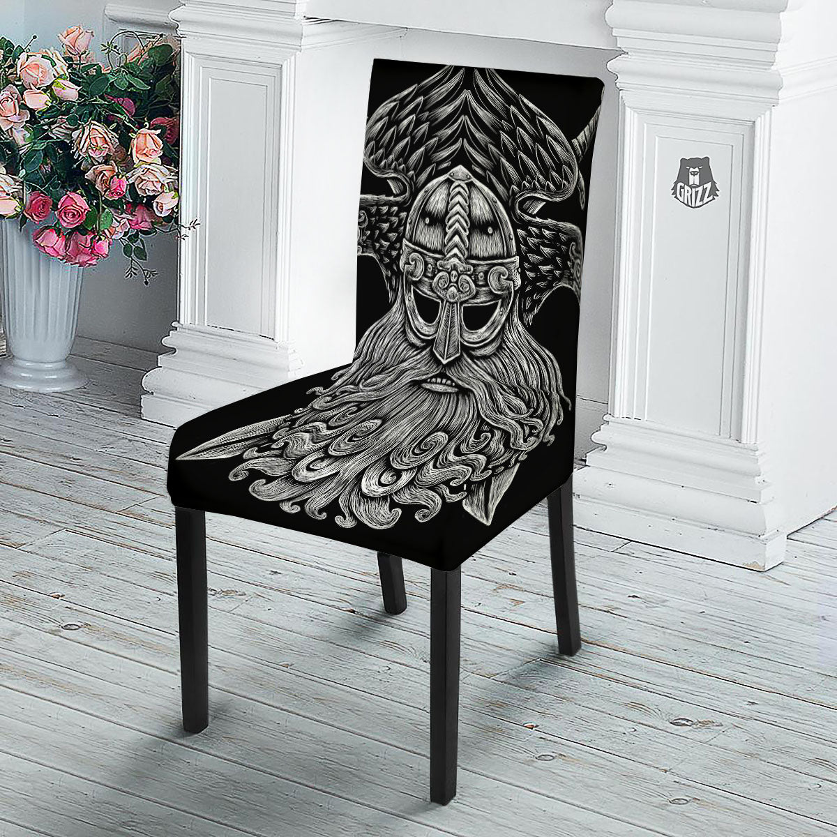 Odin With Crows White And Black Print Dining Chair Slipcover-grizzshop