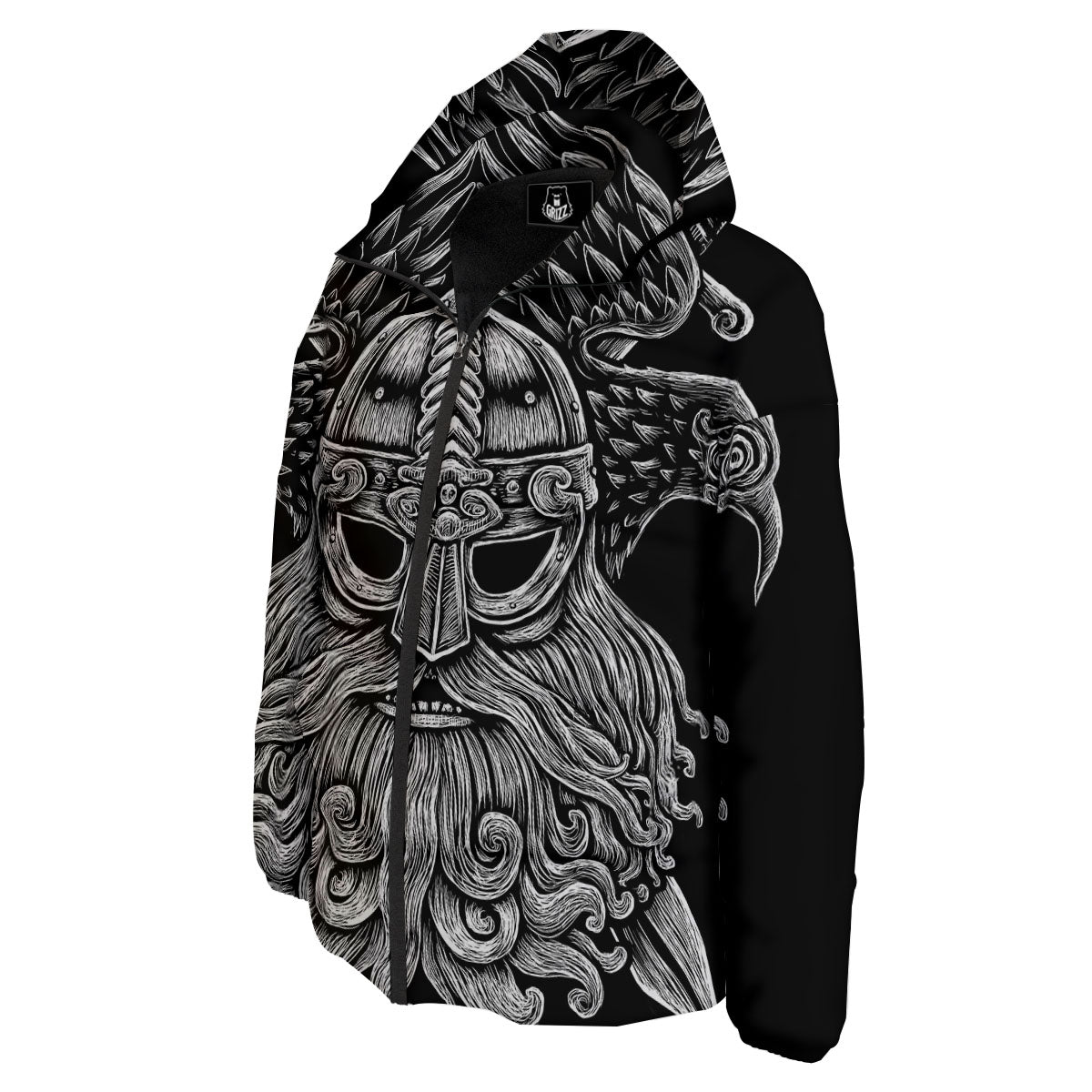 Odin With Crows White And Black Print Down Jacket-grizzshop