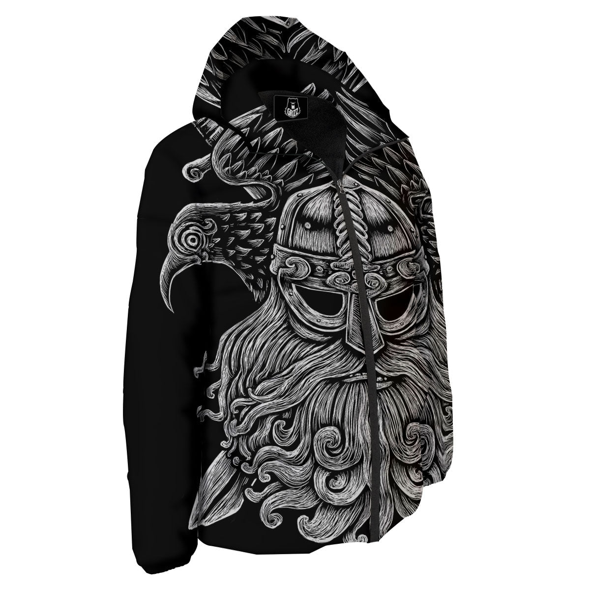Odin With Crows White And Black Print Down Jacket-grizzshop