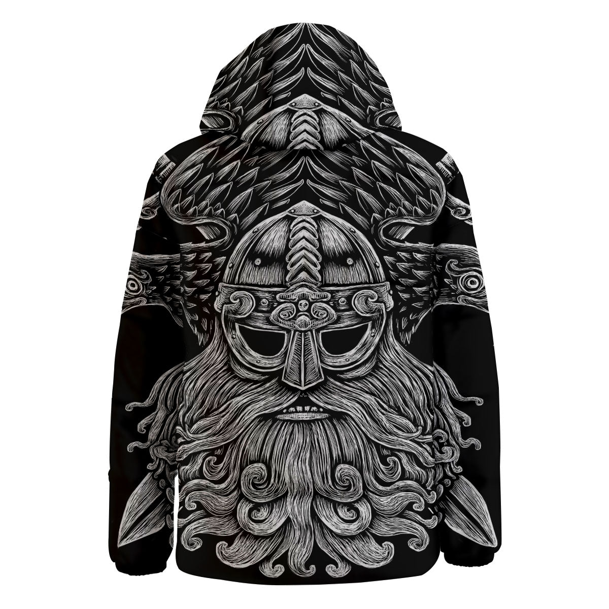 Odin With Crows White And Black Print Down Jacket-grizzshop