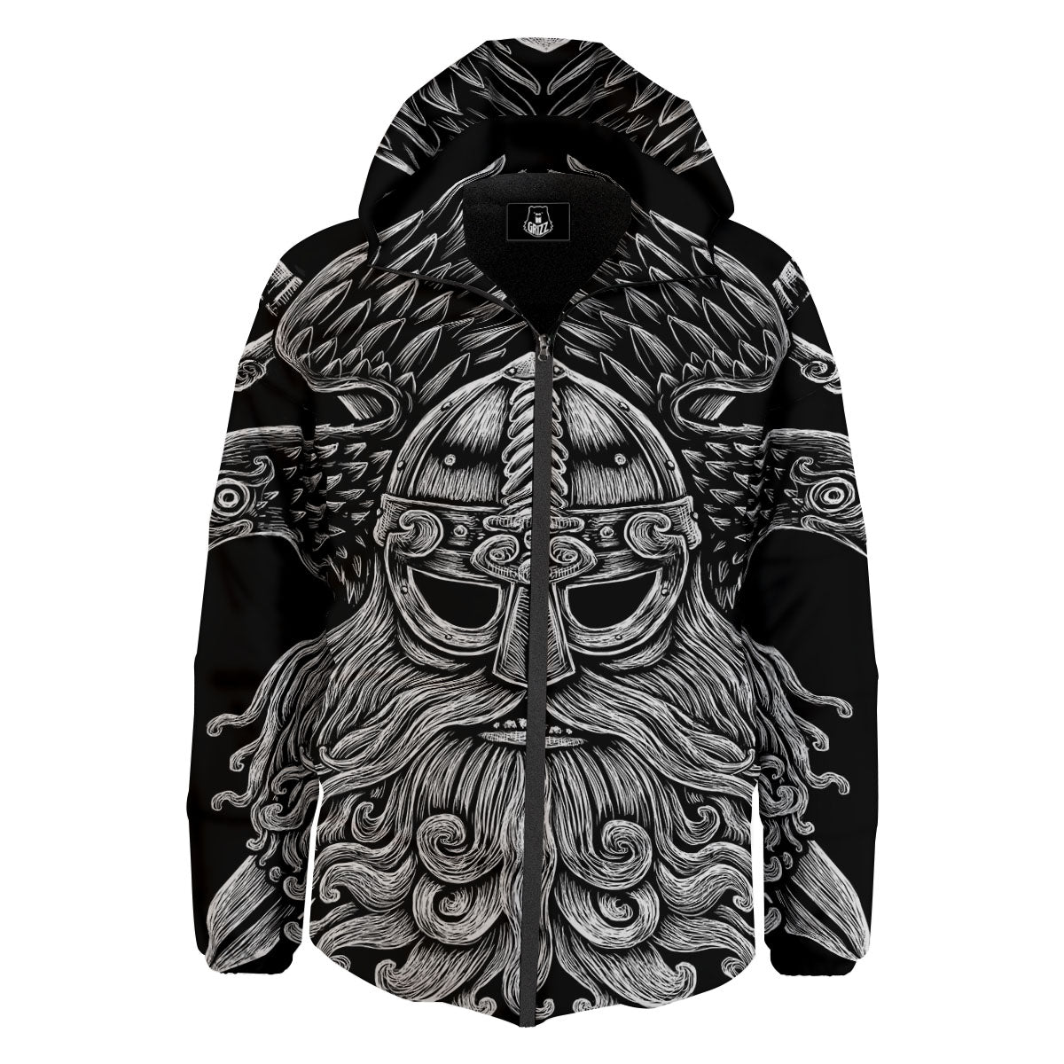 Odin With Crows White And Black Print Down Jacket-grizzshop