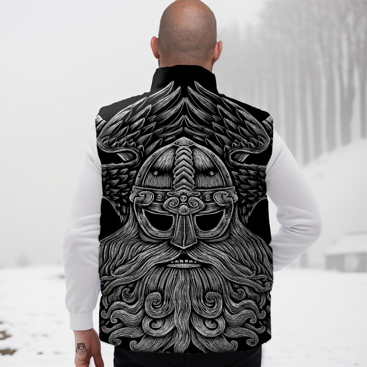 Odin With Crows White And Black Print Down Vest