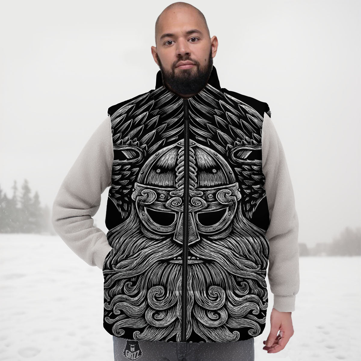 Odin With Crows White And Black Print Down Vest