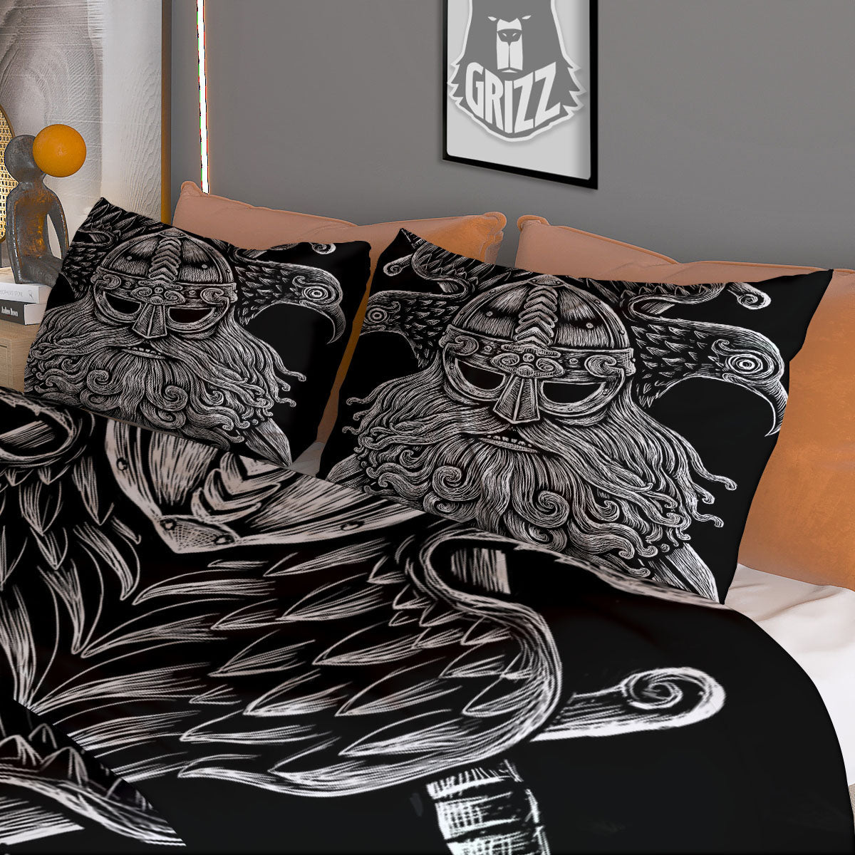 Odin With Crows White And Black Print Duvet Cover Bedding Set