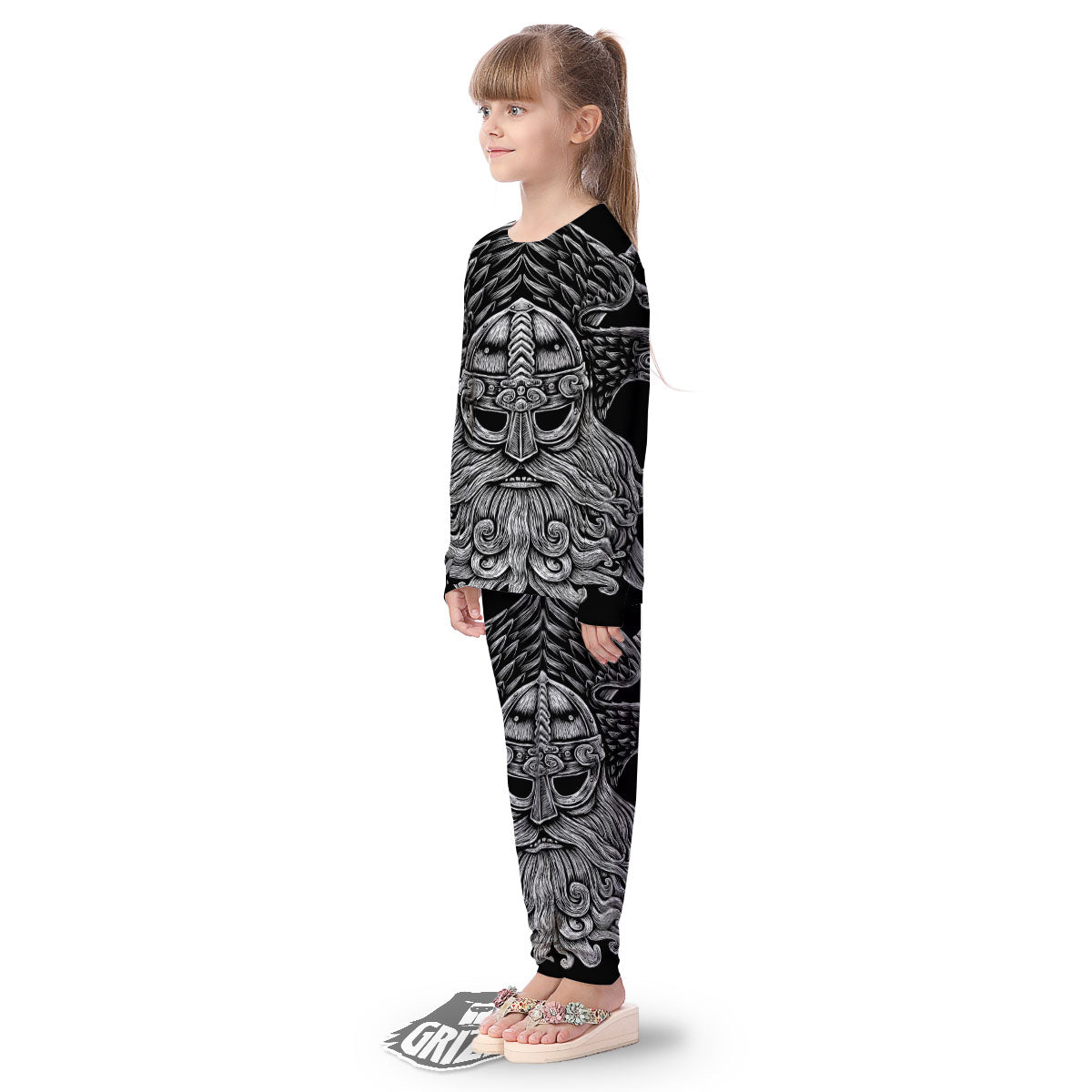 Odin With Crows White And Black Print Kid's Pajamas-grizzshop