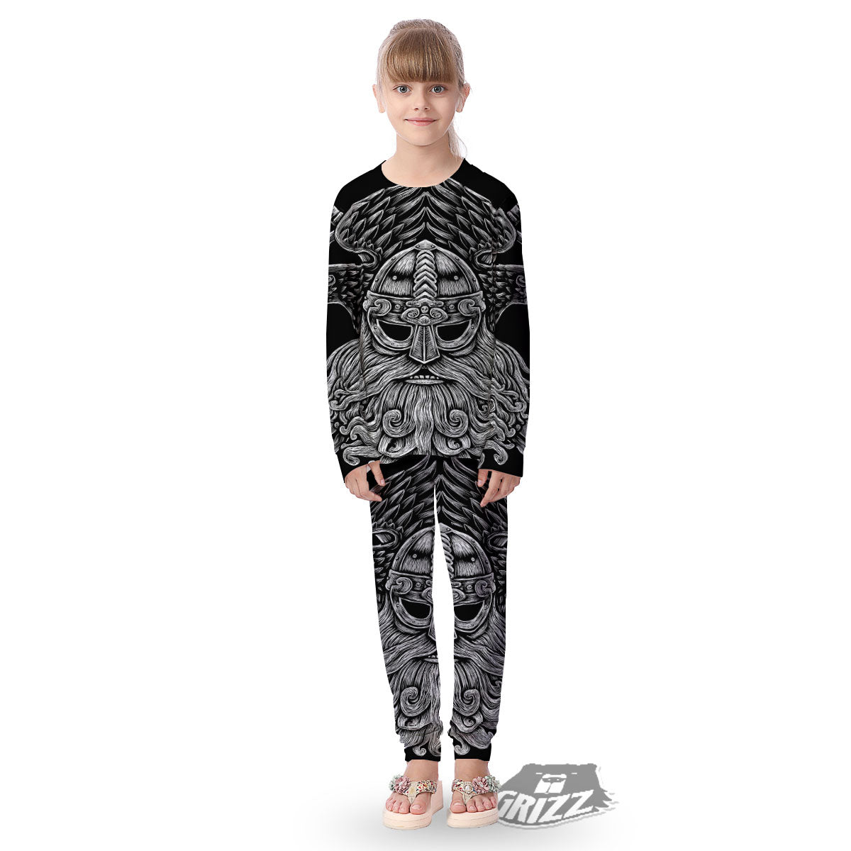 Odin With Crows White And Black Print Kid's Pajamas-grizzshop