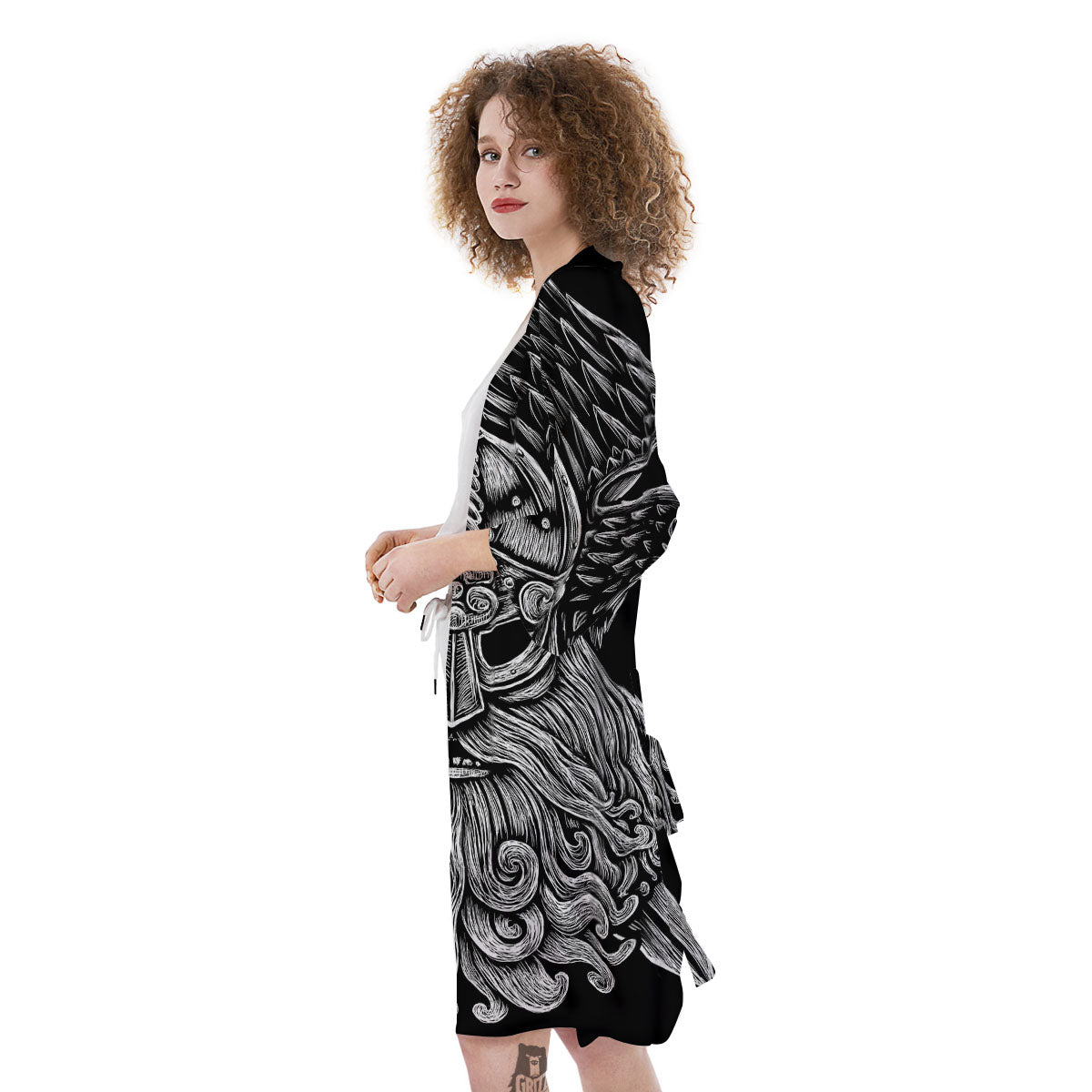 Odin With Crows White And Black Print Kimono-grizzshop