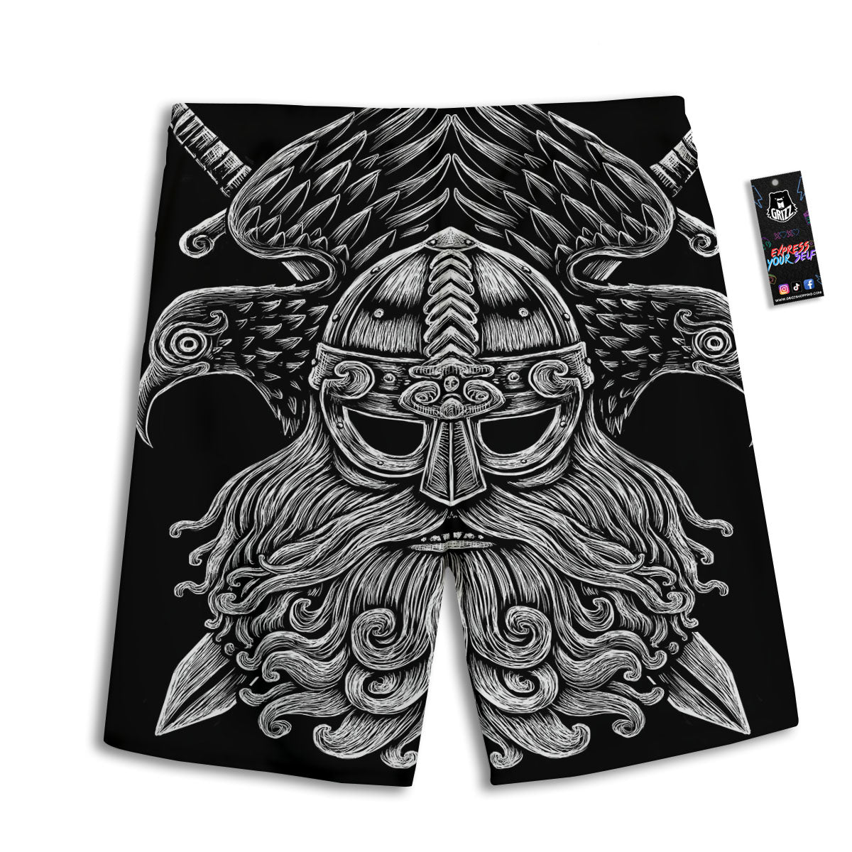 Odin With Crows White And Black Print Men's Athletic Shorts