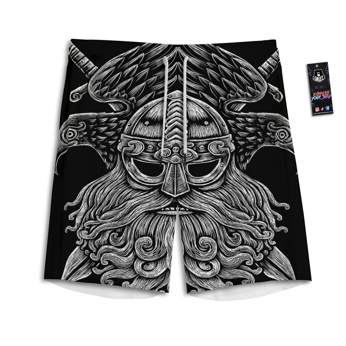 Odin With Crows White And Black Print Men's Athletic Shorts