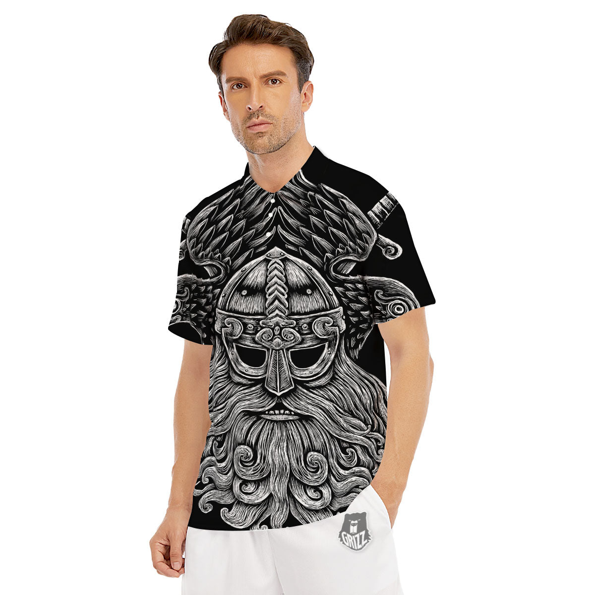 Odin With Crows White And Black Print Men's Golf Shirts-grizzshop