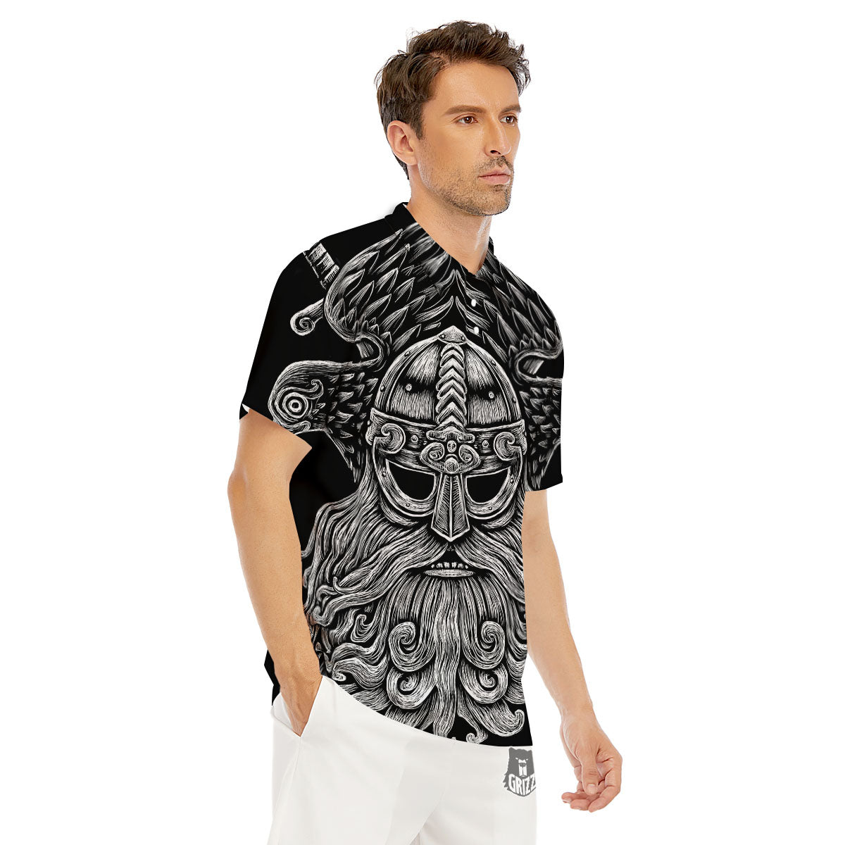 Odin With Crows White And Black Print Men's Golf Shirts-grizzshop