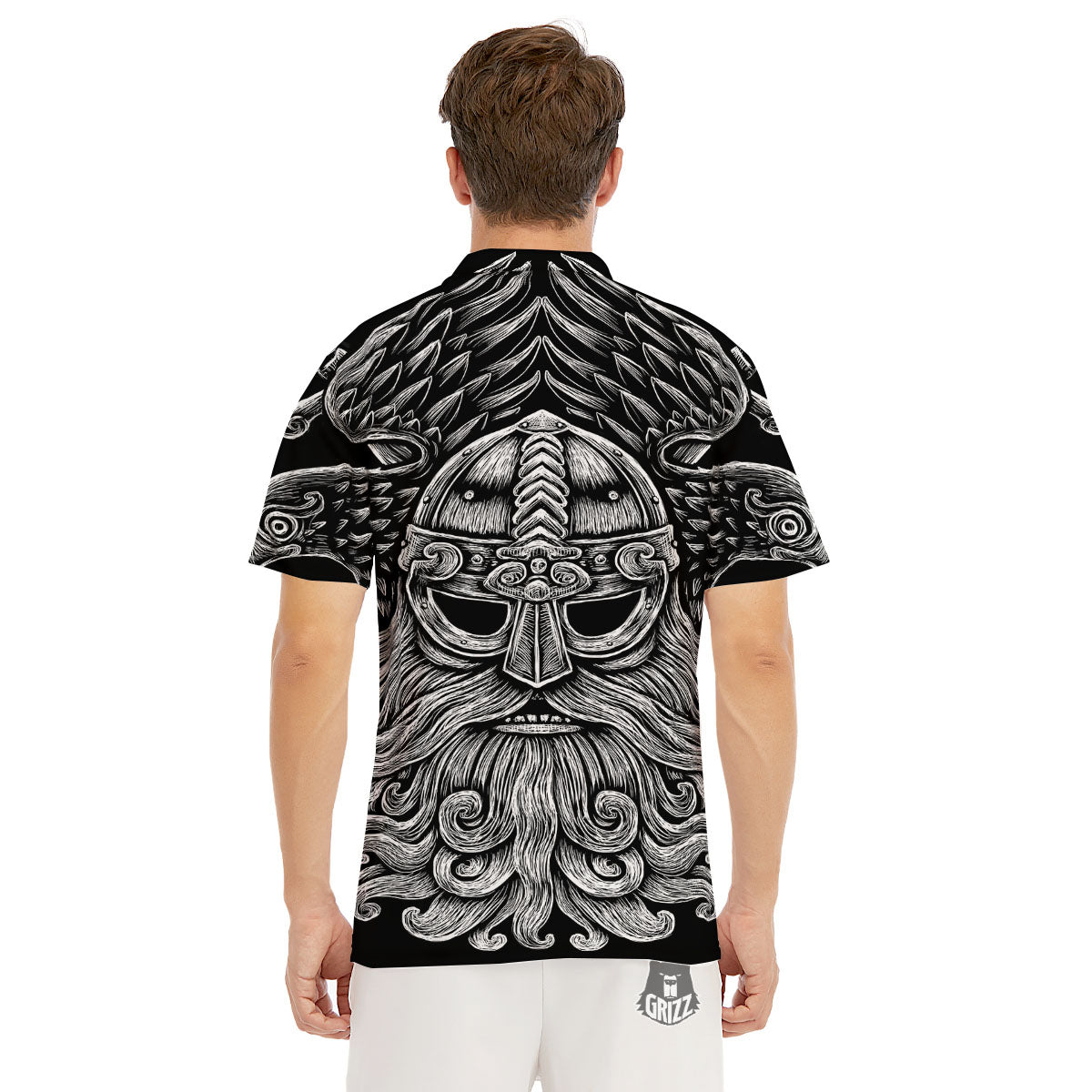 Odin With Crows White And Black Print Men's Golf Shirts-grizzshop