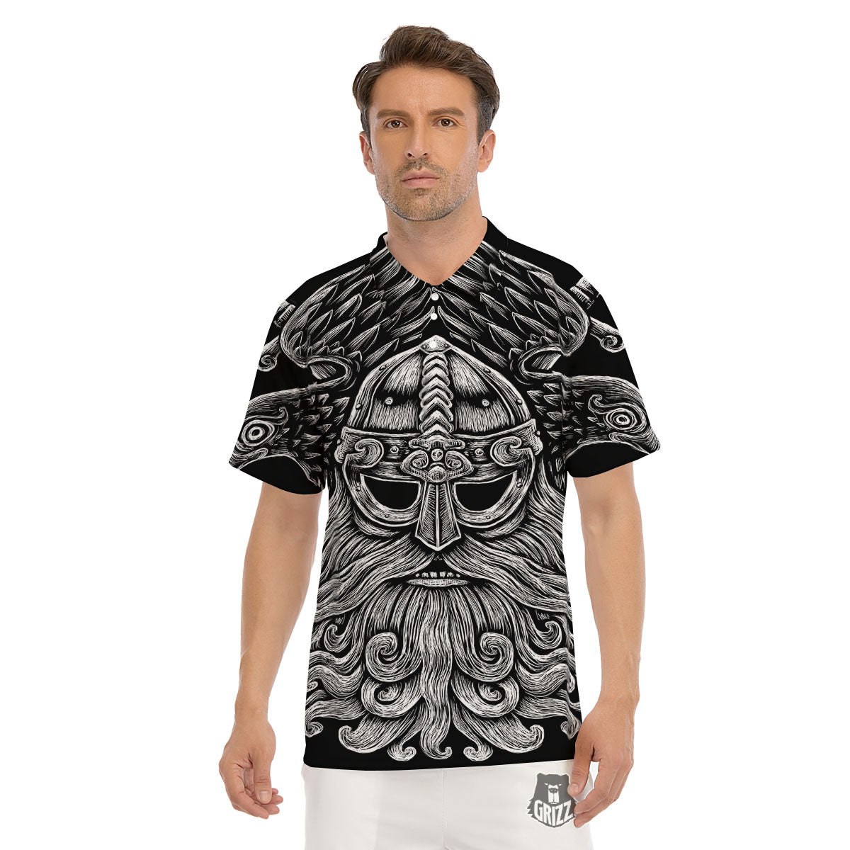 Odin With Crows White And Black Print Men's Golf Shirts-grizzshop