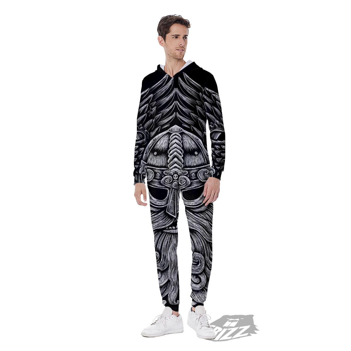Odin With Crows White And Black Print Men's Jumpsuit-grizzshop