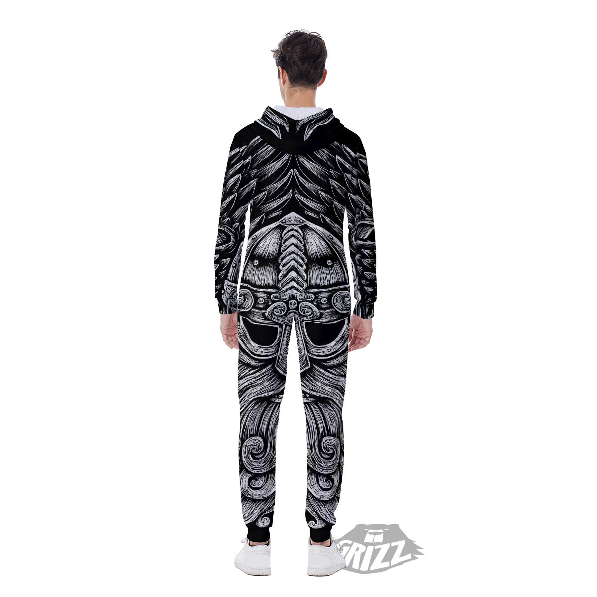 Odin With Crows White And Black Print Men's Jumpsuit-grizzshop