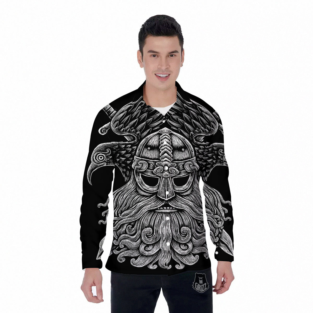 Odin With Crows White And Black Print Men's Long Sleeve Shirts-grizzshop