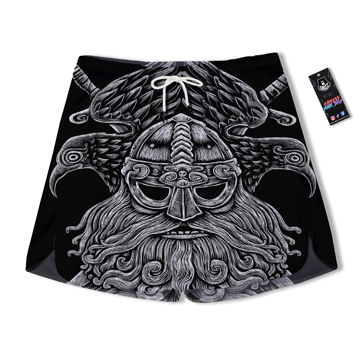 Odin With Crows White And Black Print Men's Running Shorts-grizzshop