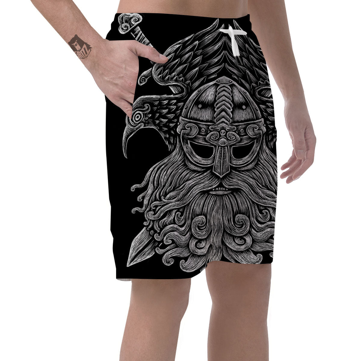 Odin With Crows White And Black Print Men's Shorts-grizzshop