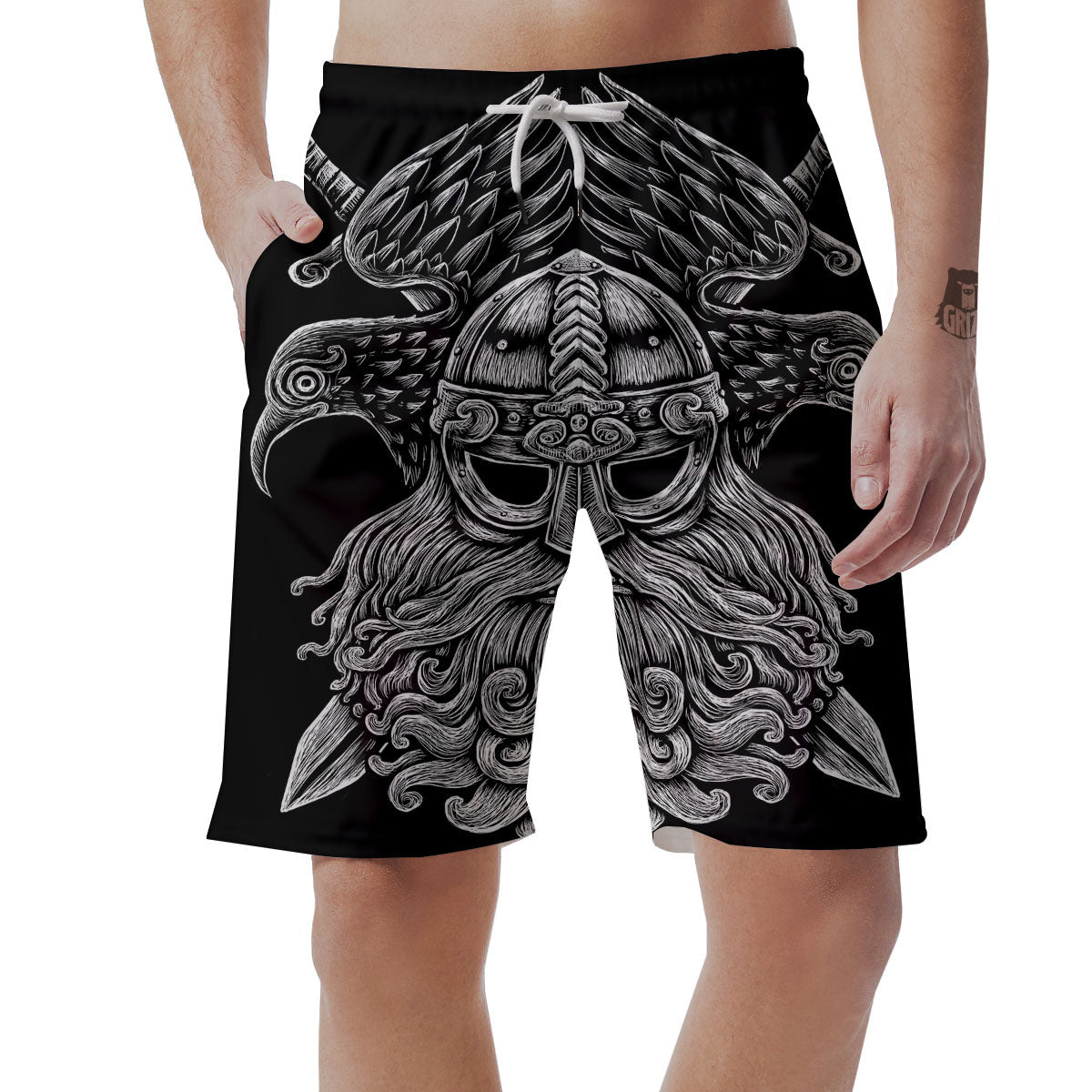 Odin With Crows White And Black Print Men's Shorts-grizzshop