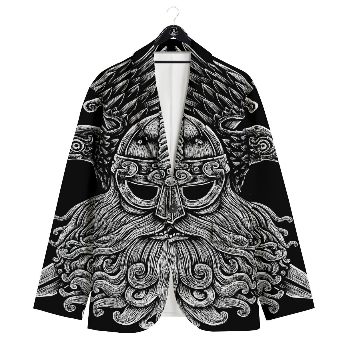 Odin With Crows White And Black Print Men's Sport Coat-grizzshop