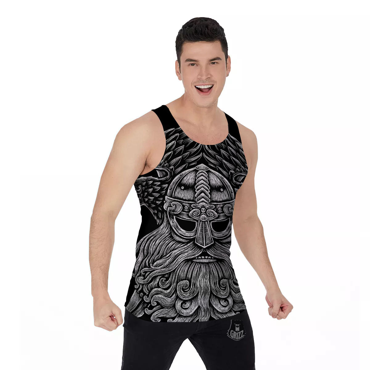Odin With Crows White And Black Print Men's Tank Top-grizzshop