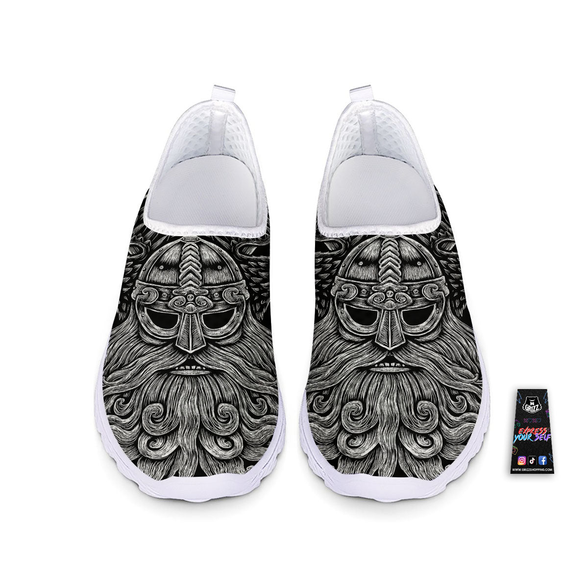 Odin With Crows White And Black Print Nurse Shoes-grizzshop