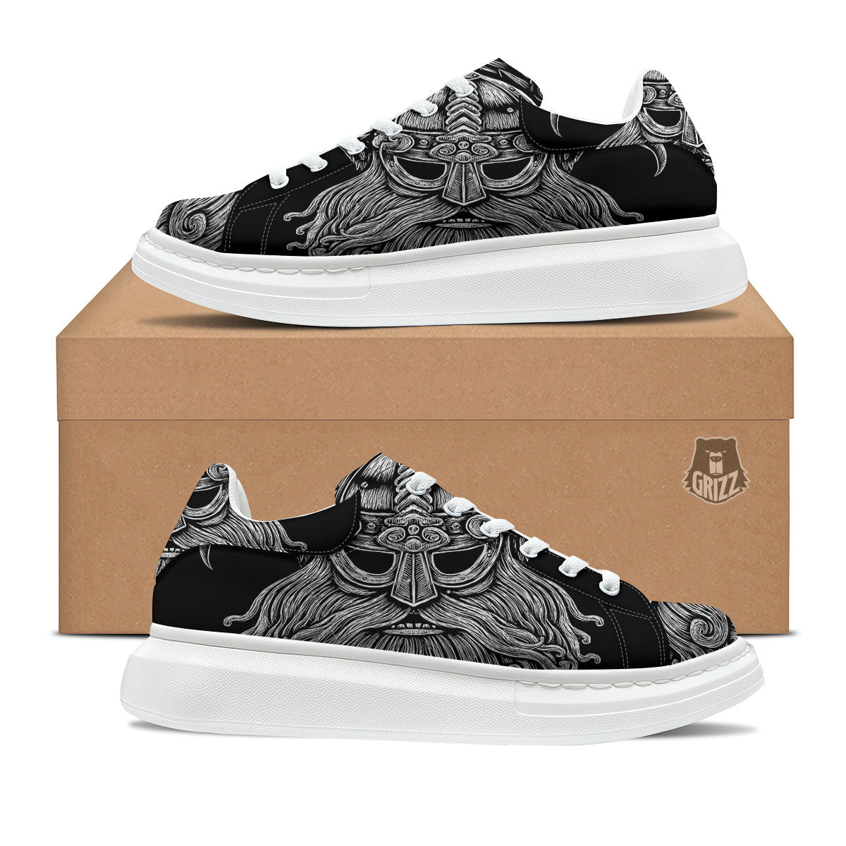 Odin With Crows White And Black Print Platform Shoes-grizzshop