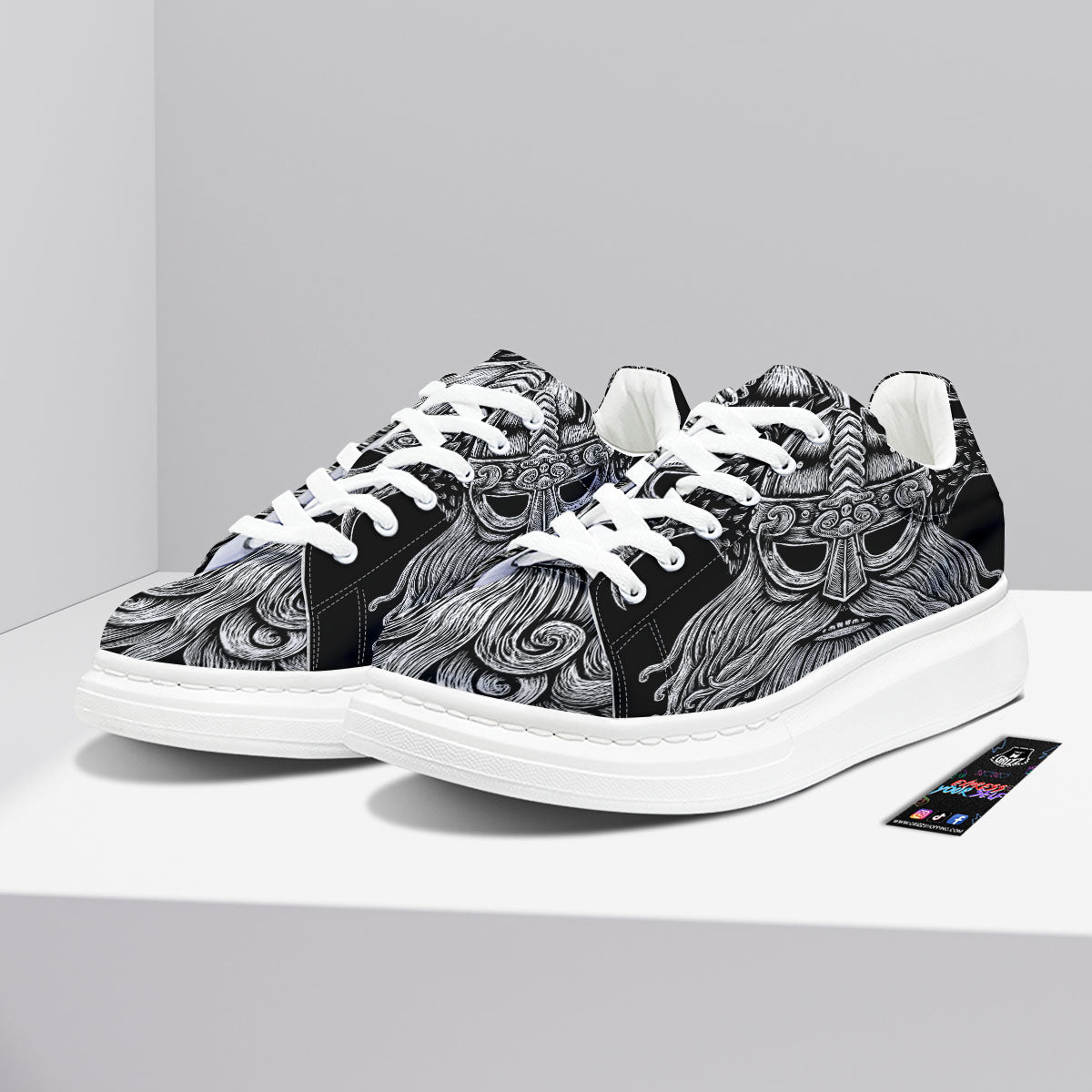 Odin With Crows White And Black Print Platform Shoes-grizzshop