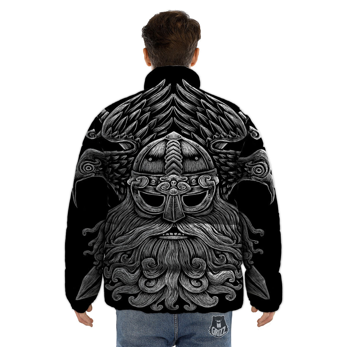 Odin With Crows White And Black Print Puffer Jacket-grizzshop