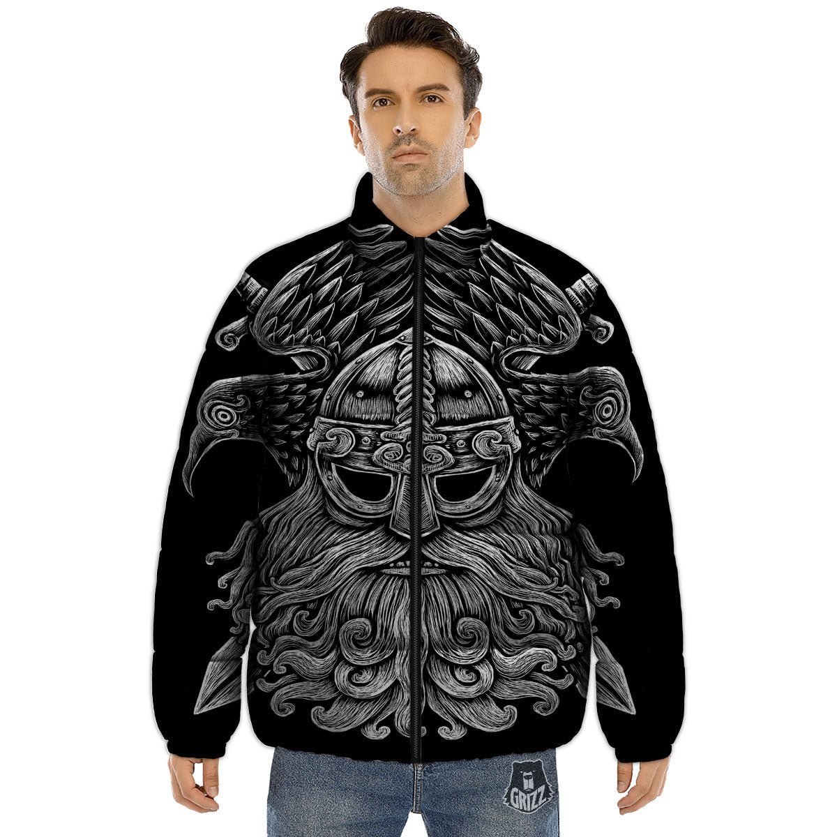 Odin With Crows White And Black Print Puffer Jacket-grizzshop