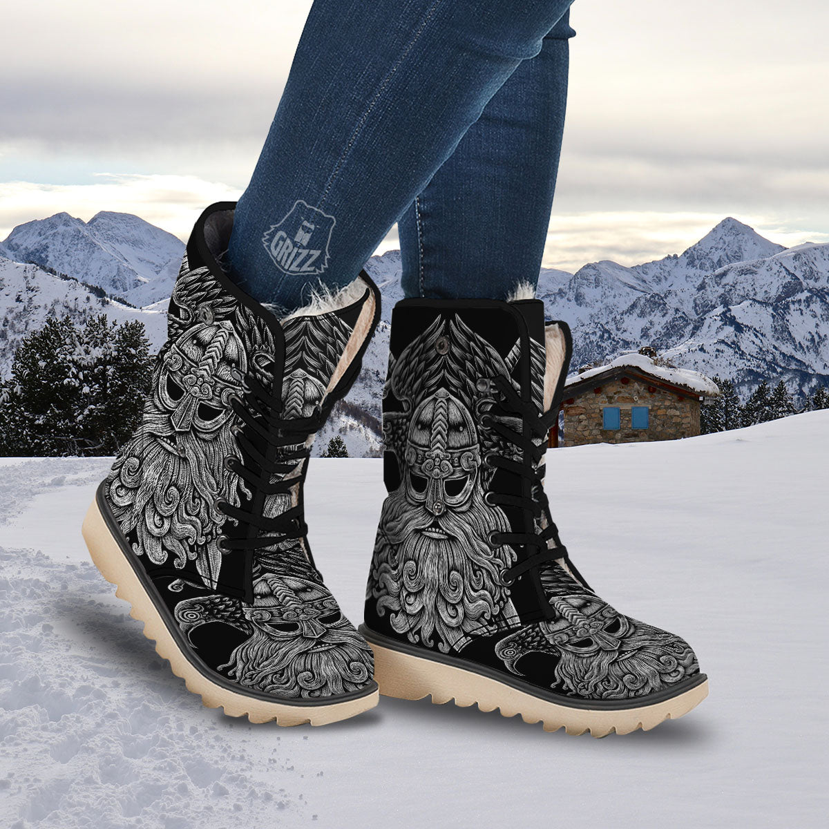 Odin With Crows White And Black Print Snow Boots-grizzshop
