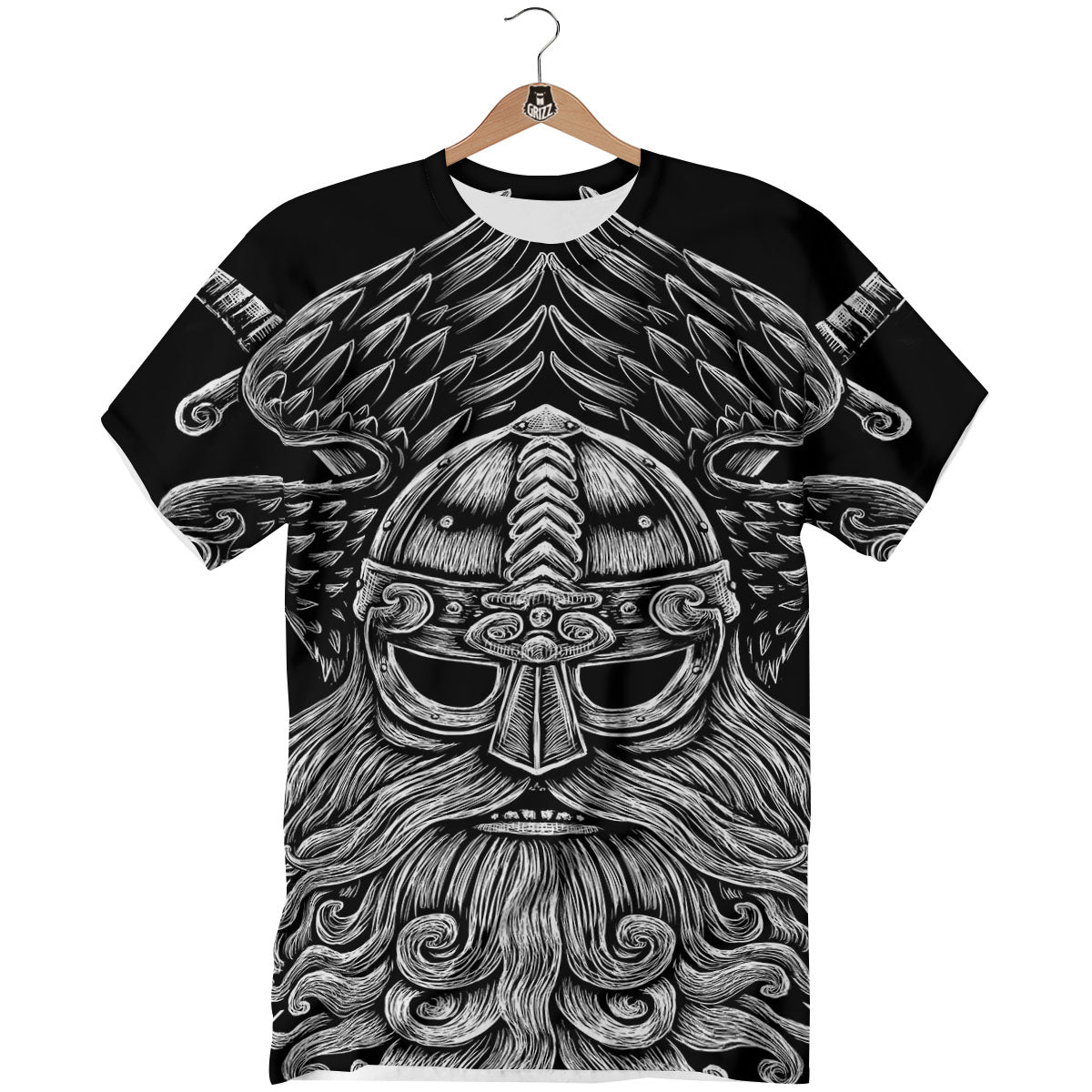 Odin With Crows White And Black Print T-Shirt-grizzshop