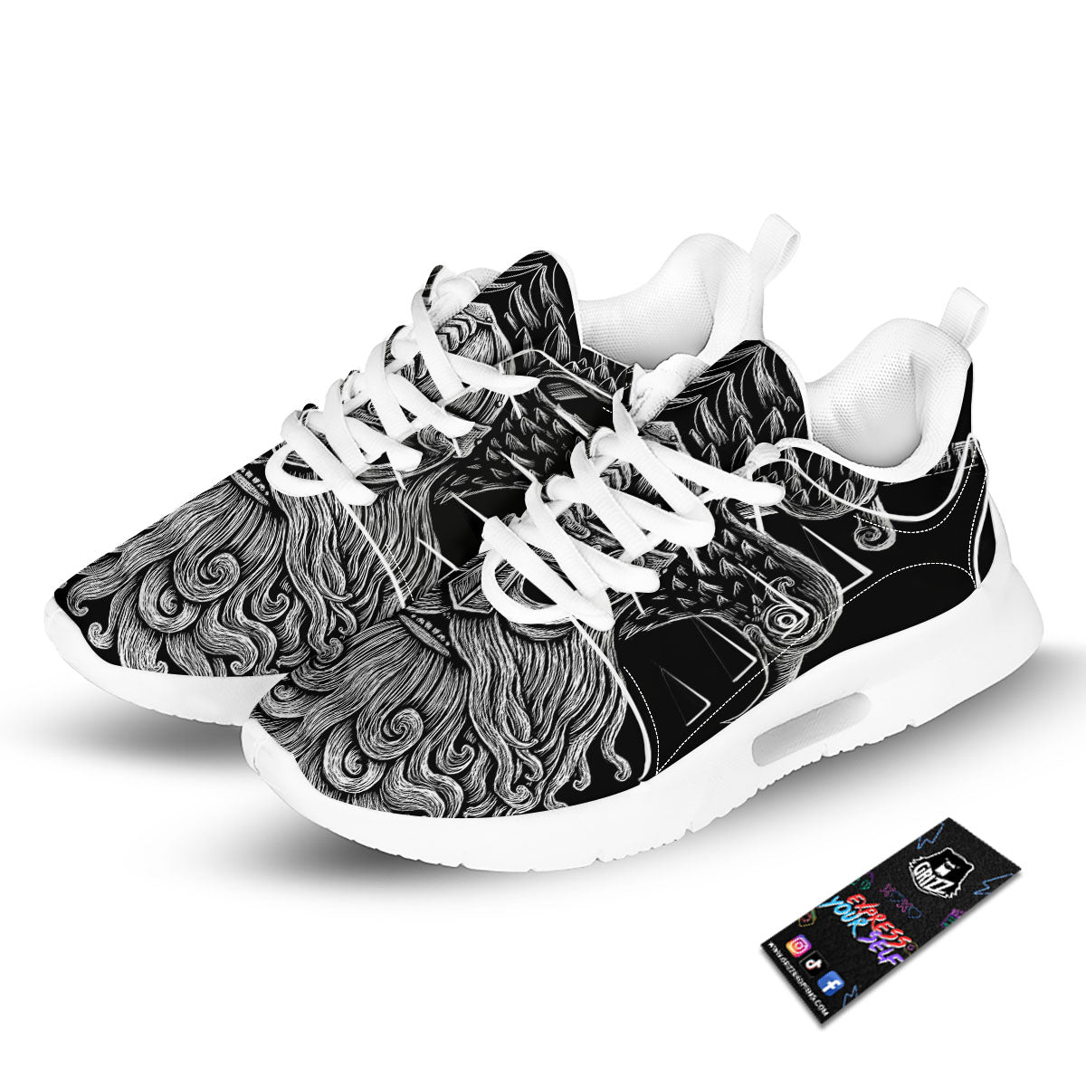 Odin With Crows White And Black Print Tennis Shoes-grizzshop