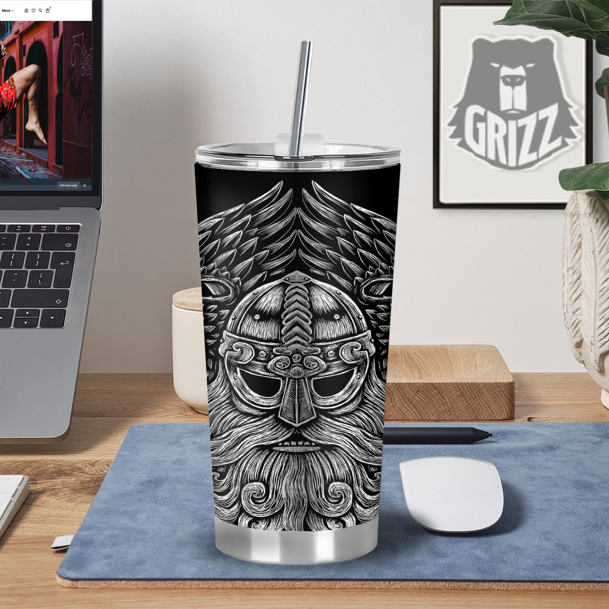 Odin With Crows White And Black Print Tumbler-grizzshop