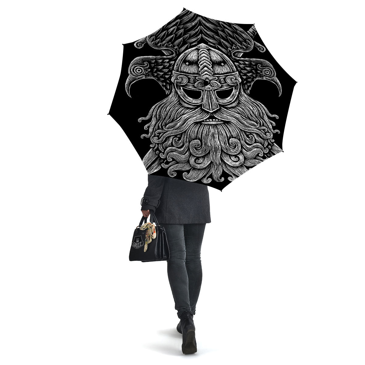 Odin With Crows White And Black Print Umbrella-grizzshop