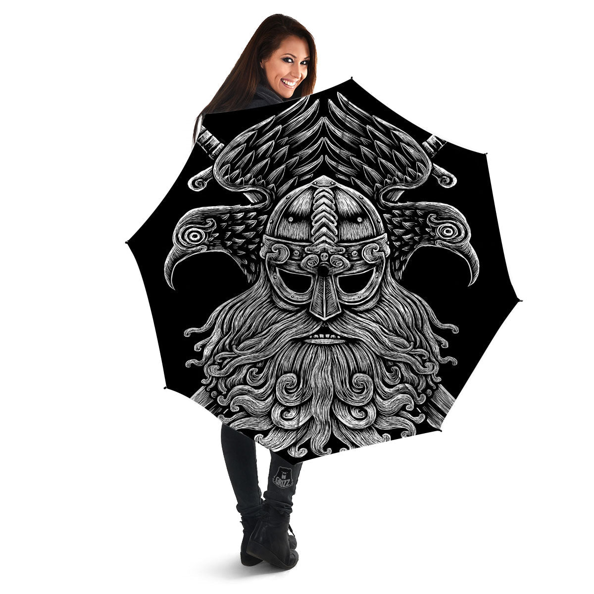 Odin With Crows White And Black Print Umbrella-grizzshop