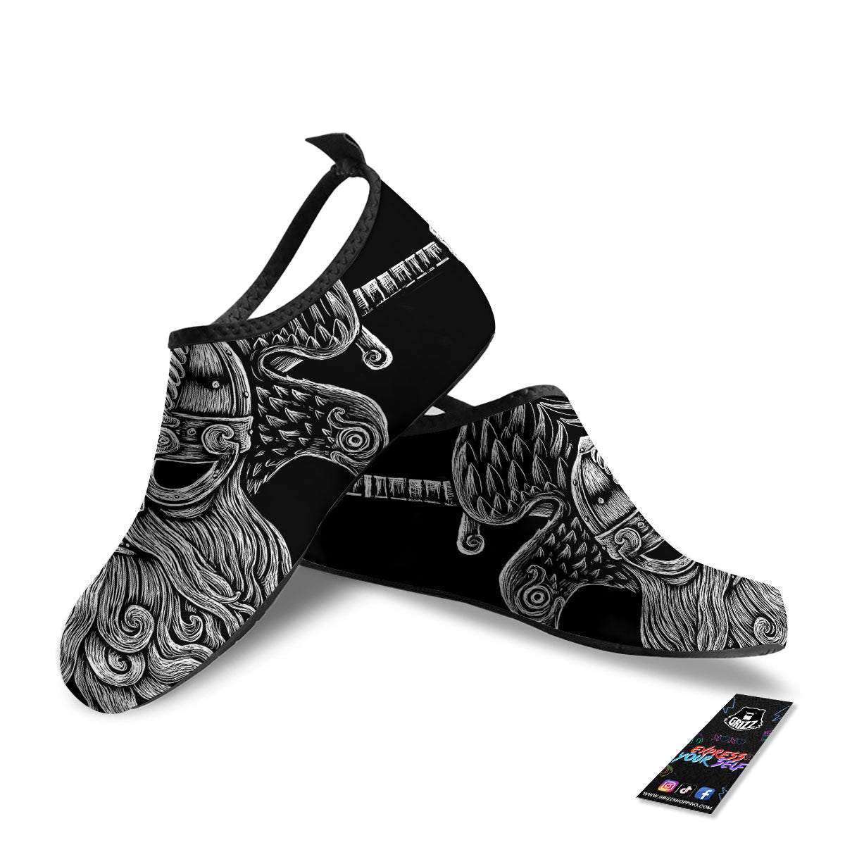 Odin With Crows White And Black Print Water Shoes-grizzshop